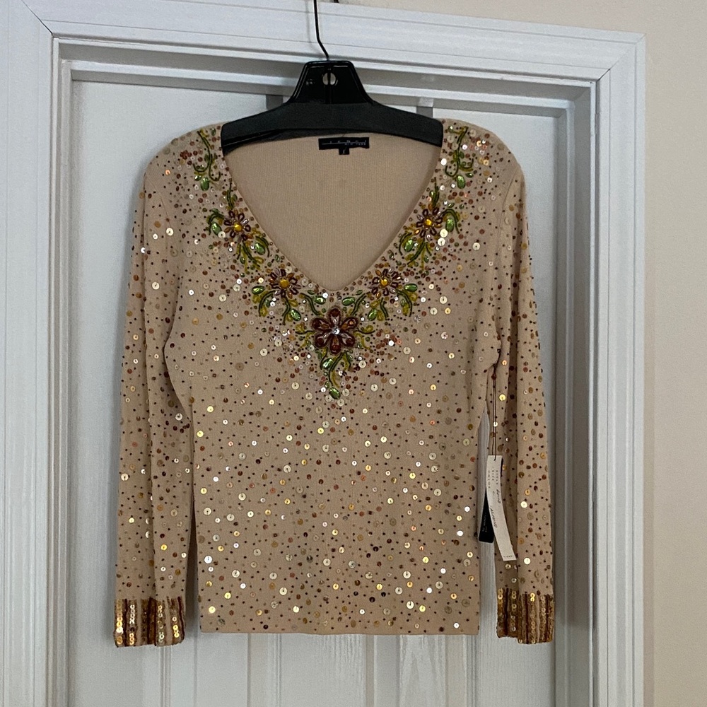 Pierri New‎ York Beige Sequin Floral Blouse size large